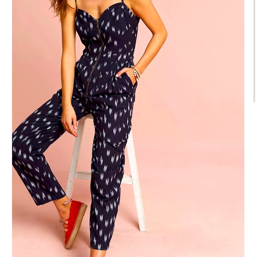 Ikat Zip-Front Navy Jumpsuit Size 6 Anthropologie